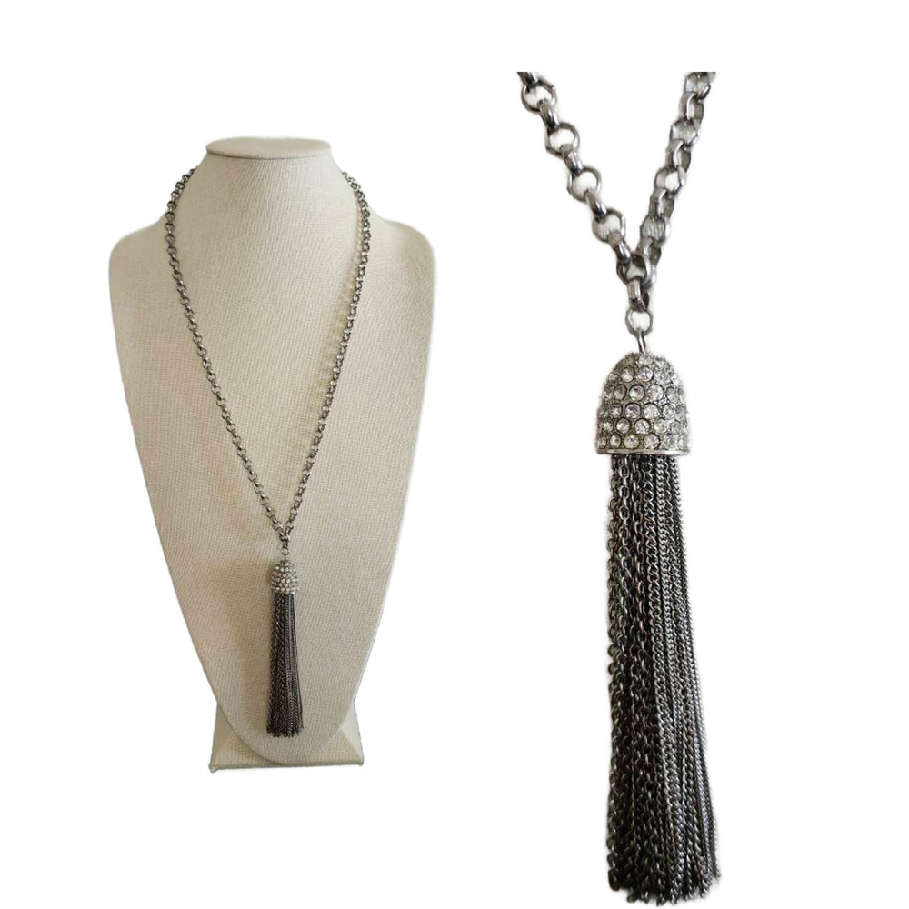 Vintage Silver-Tone Rhinestone Tassel Necklace